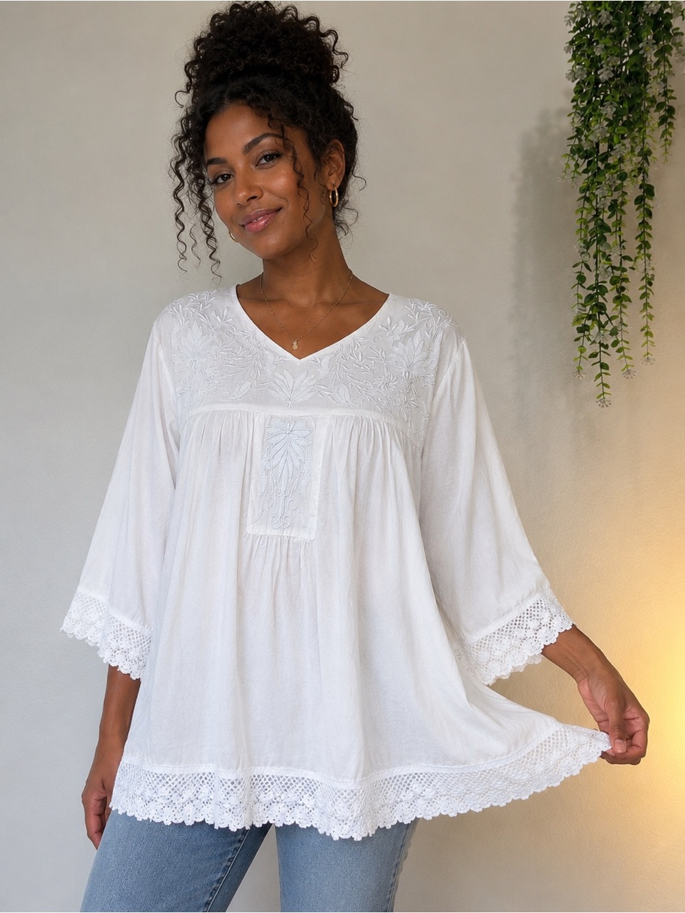 Somya Collection White Embroidered Boho Cotton Tunic Blouse Size L